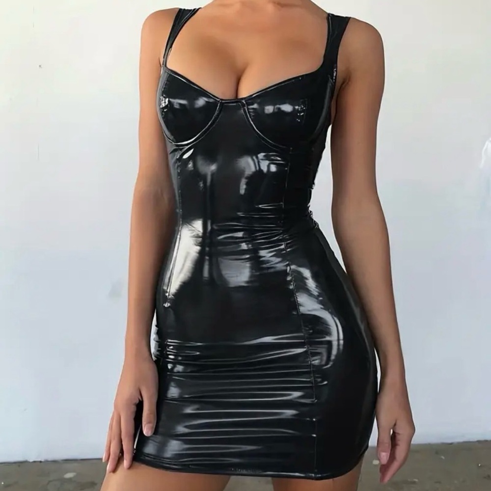 Black Faux Leather Bodycon Mini Dress with Bustier Detail